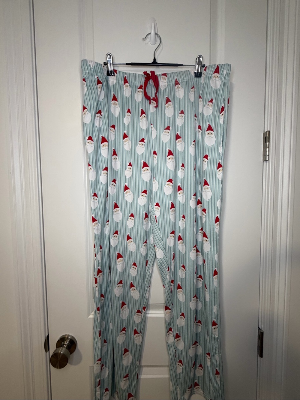 Men's Light Blue Santa Print Pajama Pants with Red Drawstring Holidays Soft